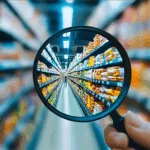 picture of a magnifying glass focused on a grocery store aisle.