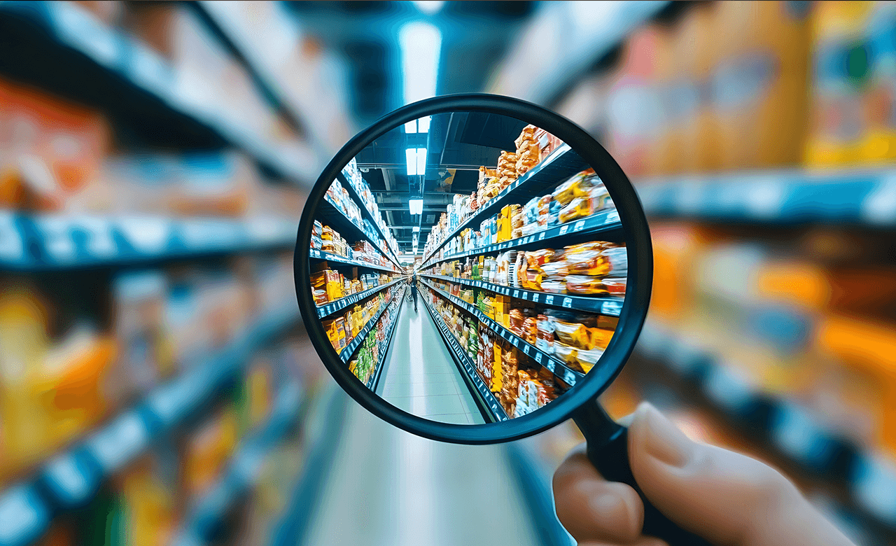 picture of a magnifying glass focused on a grocery store aisle.