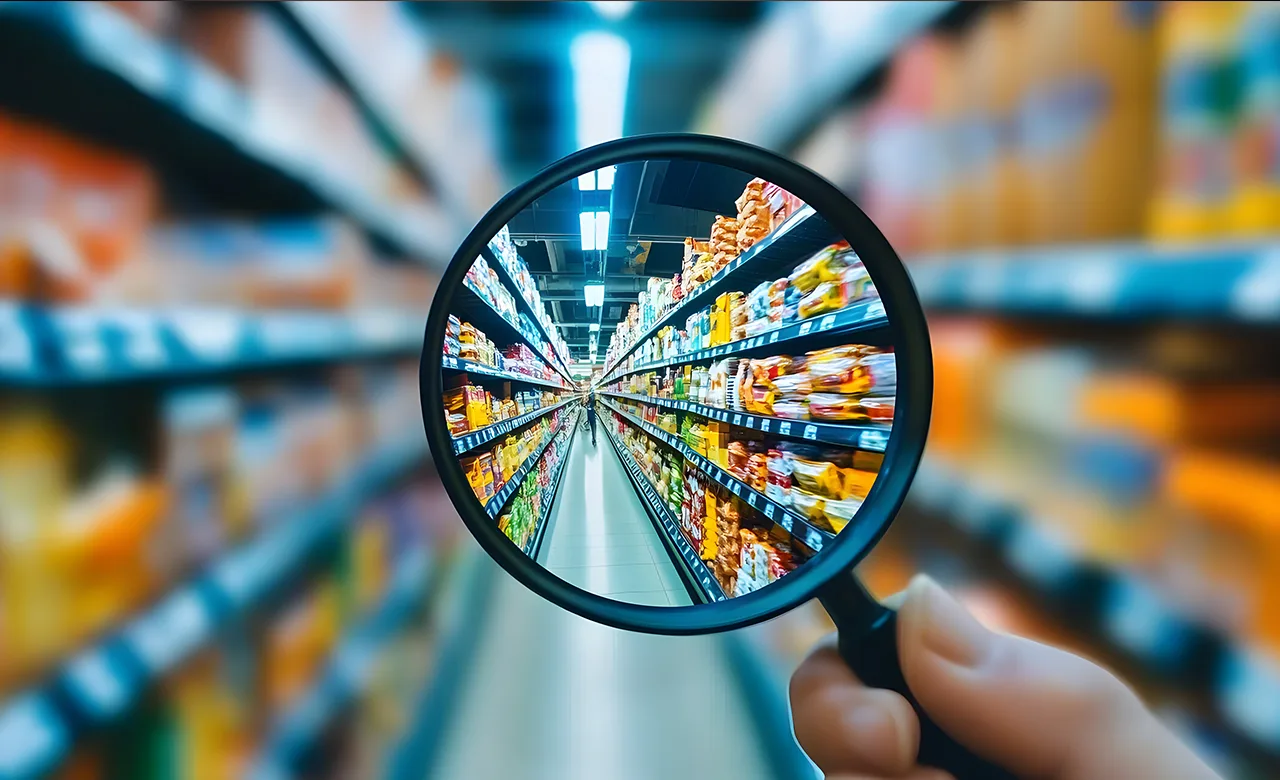 picture of a magnifying glass focused on a grocery store aisle.