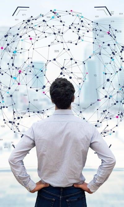 Big data analytics visualization technology with scientist analy Big data analytics visualization technology with scientist analyzing information structure on screen with machine learning to extract strategical prediction for business, finance, internet of things
